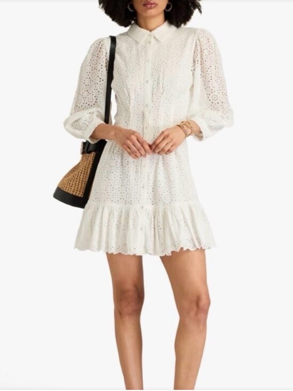 Veronica Beard Kylan White Eyelet Ruffle-Hem Mini Dress